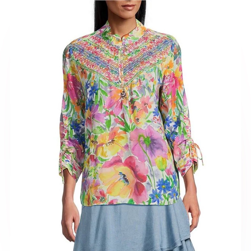 John Mark Size PS Woven Floral Ruffled Round Neck 3/4 Cinched Tie Sleeve Top